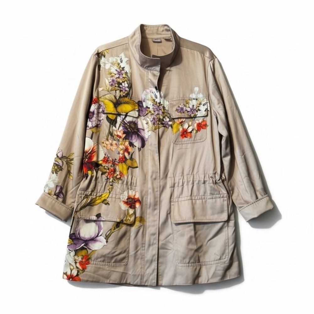 Chicos Floral Satin Utility Jacket Tan Beige Mock Neck Full Zip Pockets 4 XXL